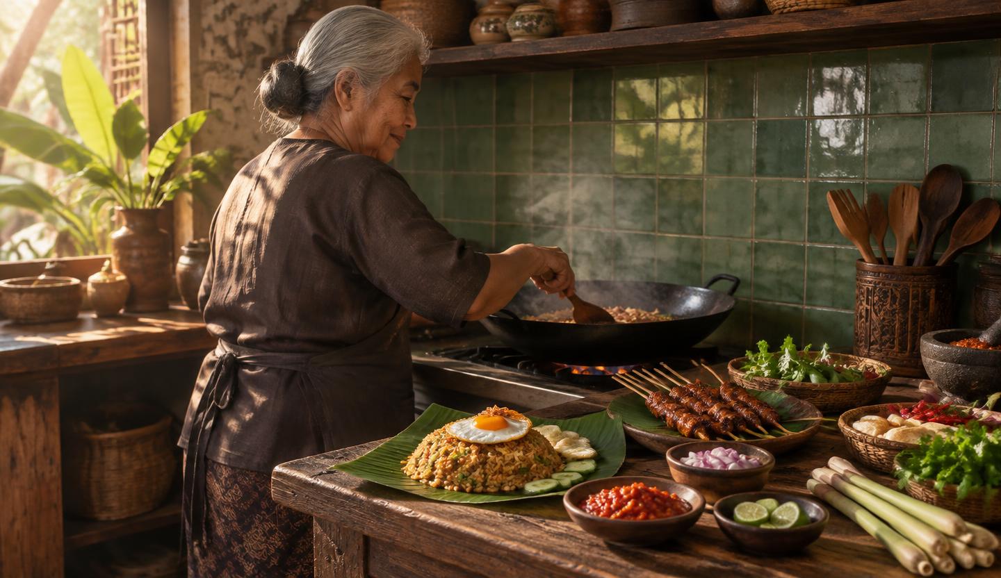 Een oudere Indonesische vrouw kookt aan de wok, met nasi goreng en saté op het aanrecht